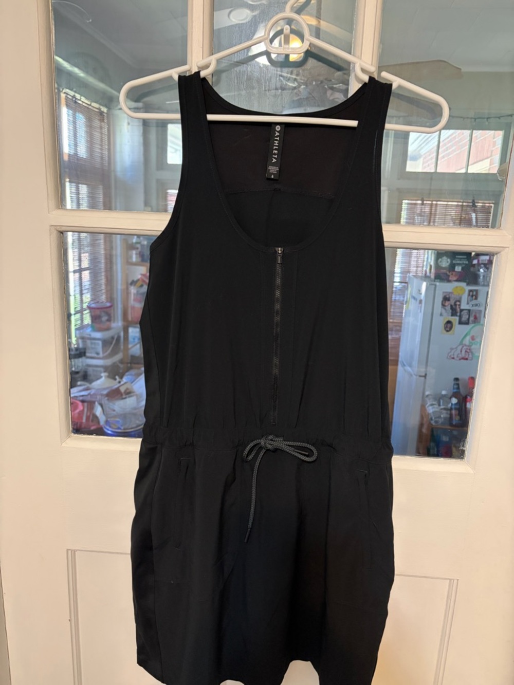 Athleta Black Zip-Front Tank Romper with Drawstring Waist